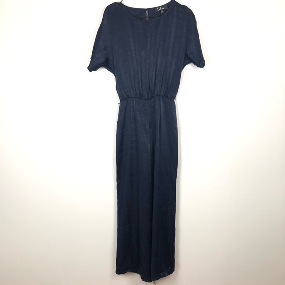 Lulu’s Navy Wide Leg Satin Short Sleeve Jumpsuit - Picture 2 of 10